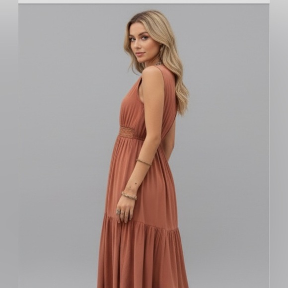 Rust Plunging Neck Ruffle Hem A-line Boho Dress - Picture 3 of 8